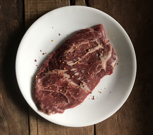 Raw boneless steak on a white plate with a wooden background